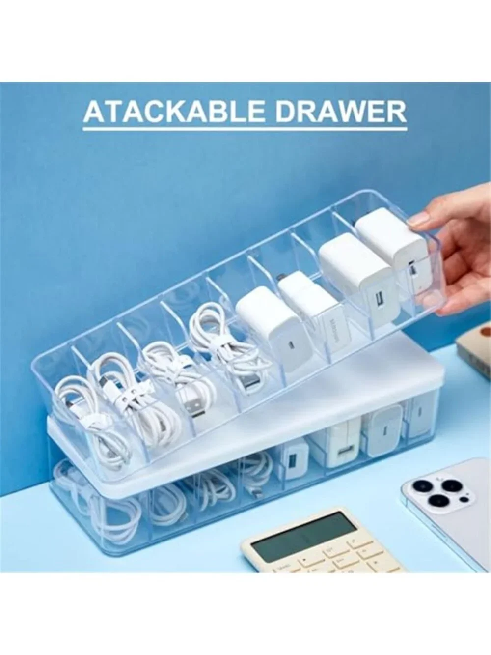 Cable Organizer Box Set 4Pack Cord Storage Container With Dividers Silicone Ties
